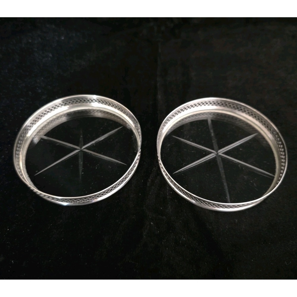 Set Of 2 Webster Sterling Silver Reticulated Cut Glass Starburst Coasters READ